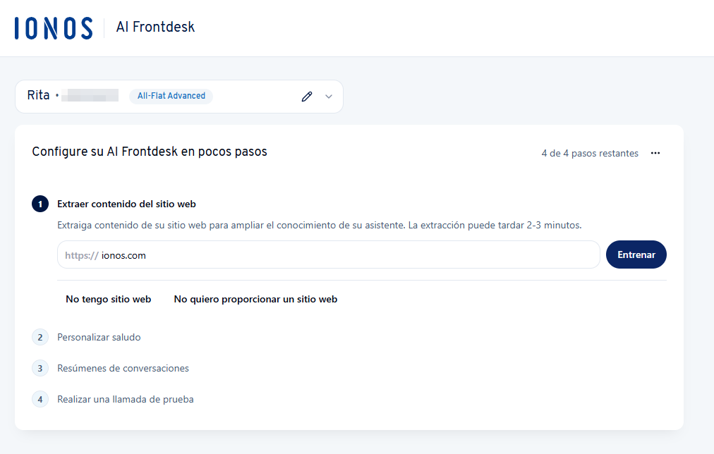 Captura de pantalla: campo de entrada del dominio para extraer el contenido de tu sitio web desde la cuenta ###COMPANY_NAME##