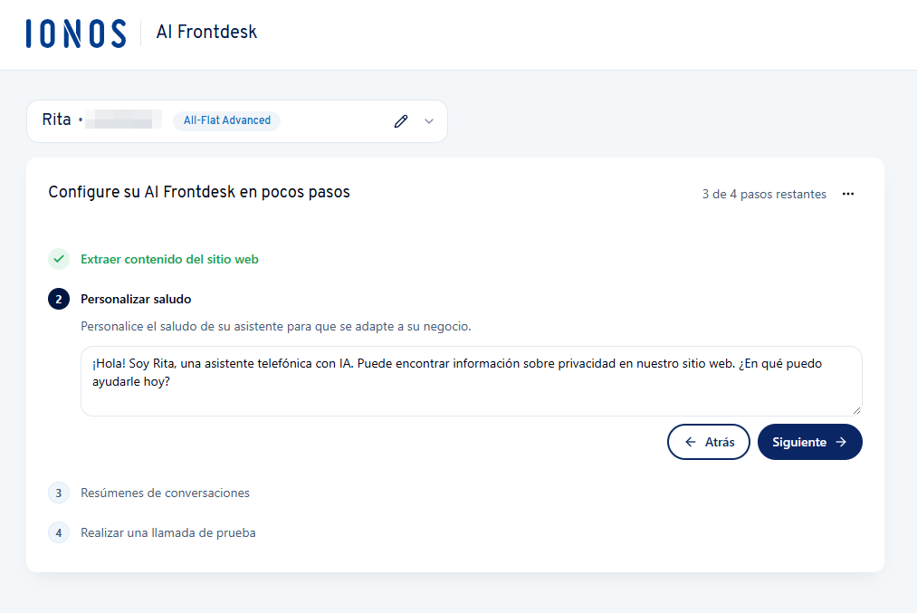 Captura de pantalla: campo de texto para personalizar el mensaje de bienvenidade tu Recepcionista IA