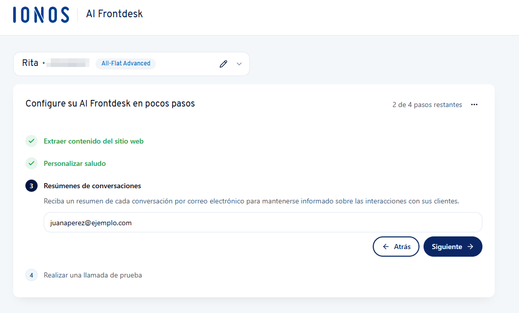 Captura de pantalla: campo para la dirección de correo en la que recibir tus resúmenes periódicos de interacciones IA con clientes
