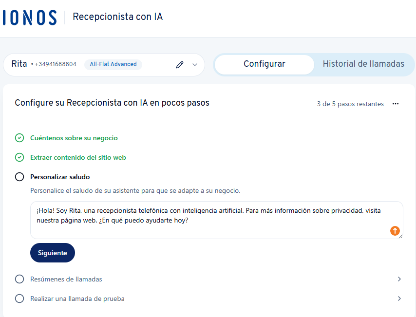 Captura de pantalla: campo de texto para personalizar el mensaje de bienvenidade tu Recepcionista IA