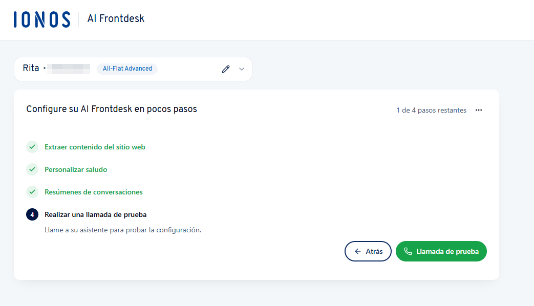 Captura de pantalla: visualización del número de llamada asignado para la llamada de prueba inicial desde tu cuenta IONOS