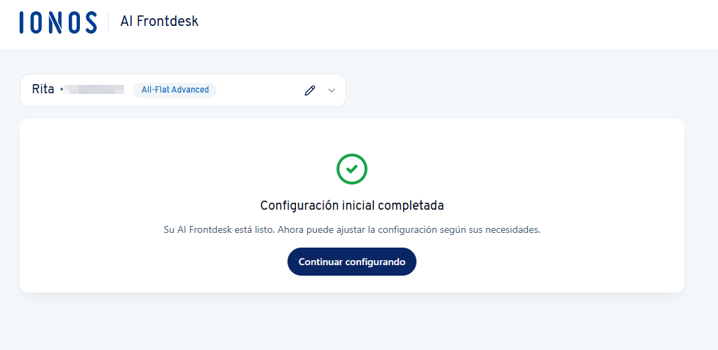 Captura de pantalla: mensaje de confirmación sobre la configuración completa de tu Recepcionista IA desde la cuenta IONOS