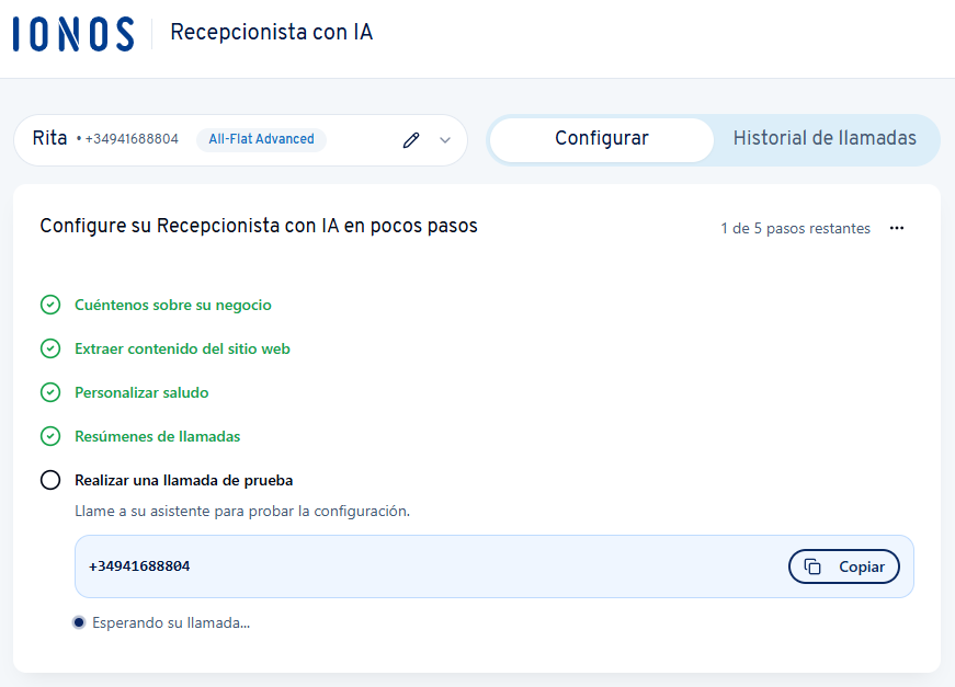 Captura de pantalla: visualización del número de llamada asignado para la llamada de prueba inicial desde tu cuenta IONOS
