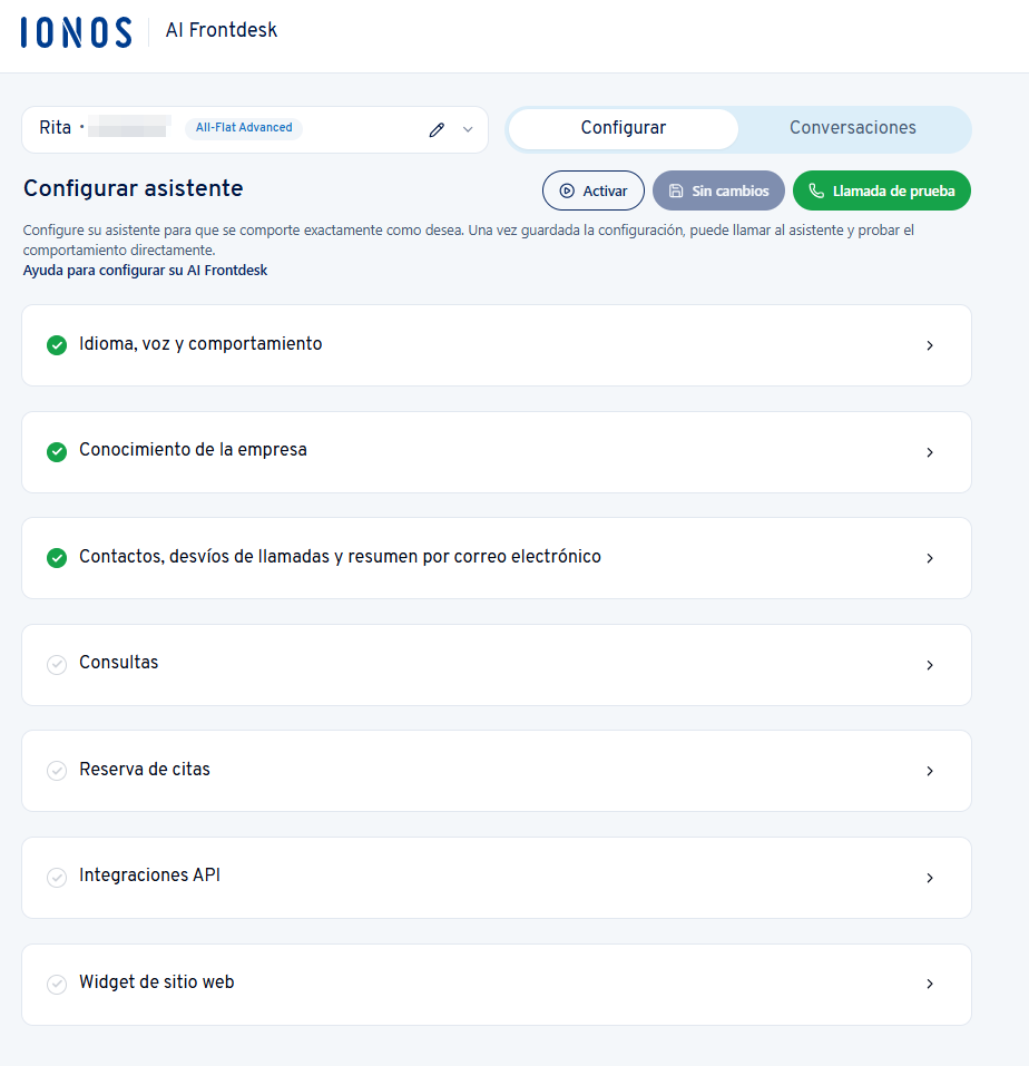 Captura de pantalla: página con los ajustes avanzados que solo está disponible tras la configuración inicial