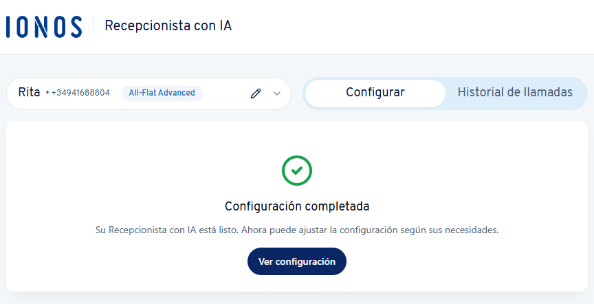 Captura de pantalla: mensaje de confirmación sobre la configuración completa de tu Recepcionista IA desde la cuenta IONOS
