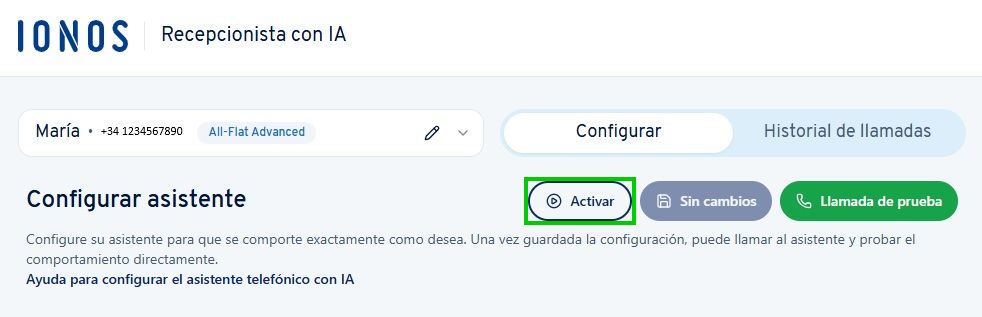 Captura de pantalla: sección de la interfaz del Recepcionista IA. El botón para el diálogo guiado está resaltado en la configuración