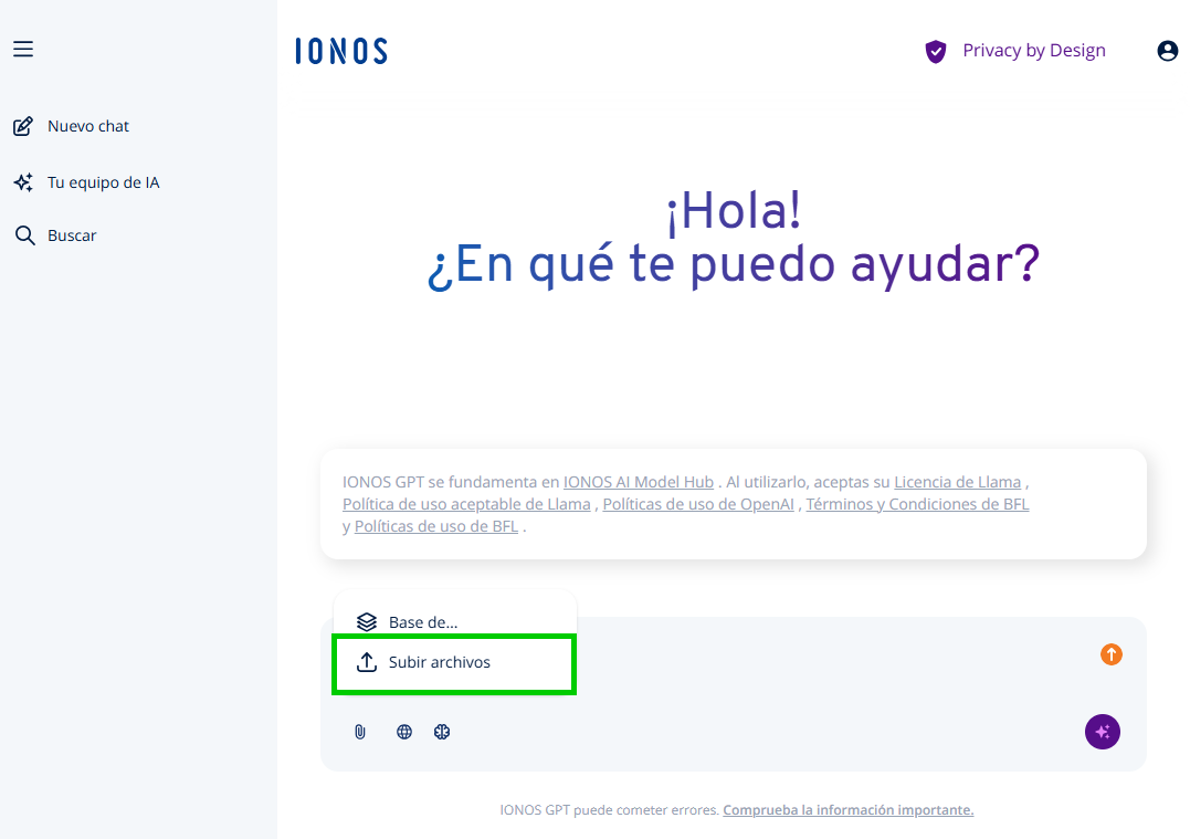 Captura de pantalla: interfaz de uso de IONOS GPT. Se ha abierto el menú para añadir archivos adjuntos en el chat. En el menú, la opción para subir archivos aparece resaltada.