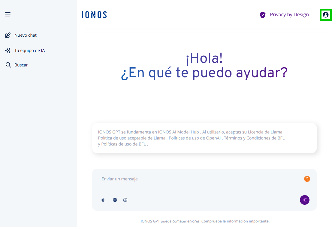 Captura de pantalla: la interfaz de uso de IONOS GPT, con un marcador verde alrededor del icono de perfil situado en la esquina superior derecha.