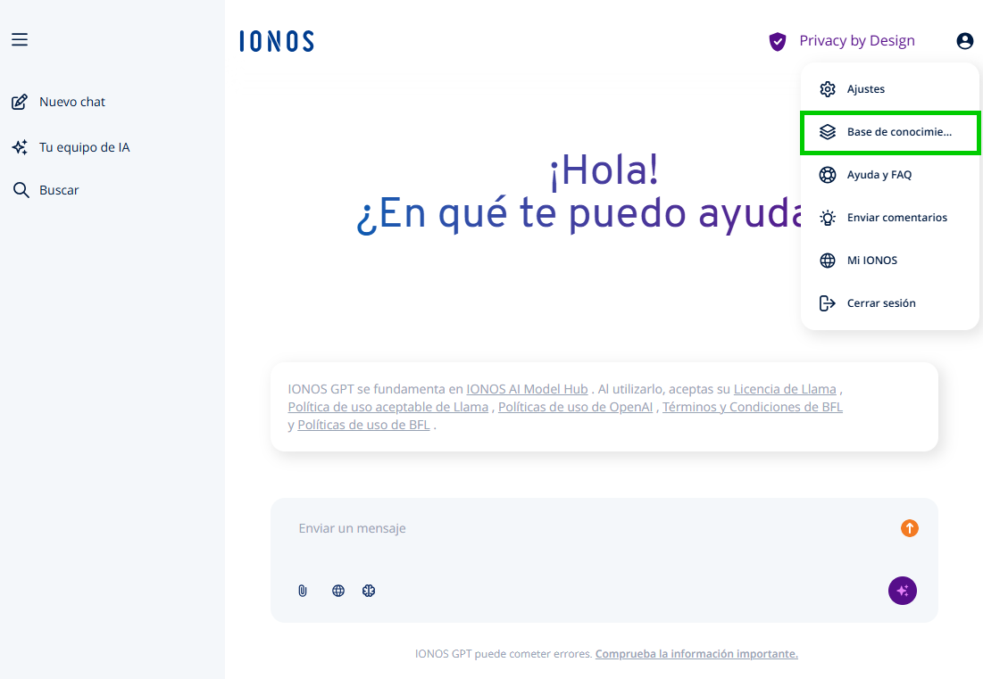 Captura de pantalla: el menú de perfil abierto en IONOS GPT muestra una marca verde alrededor de la opción de Base de conocimientos.