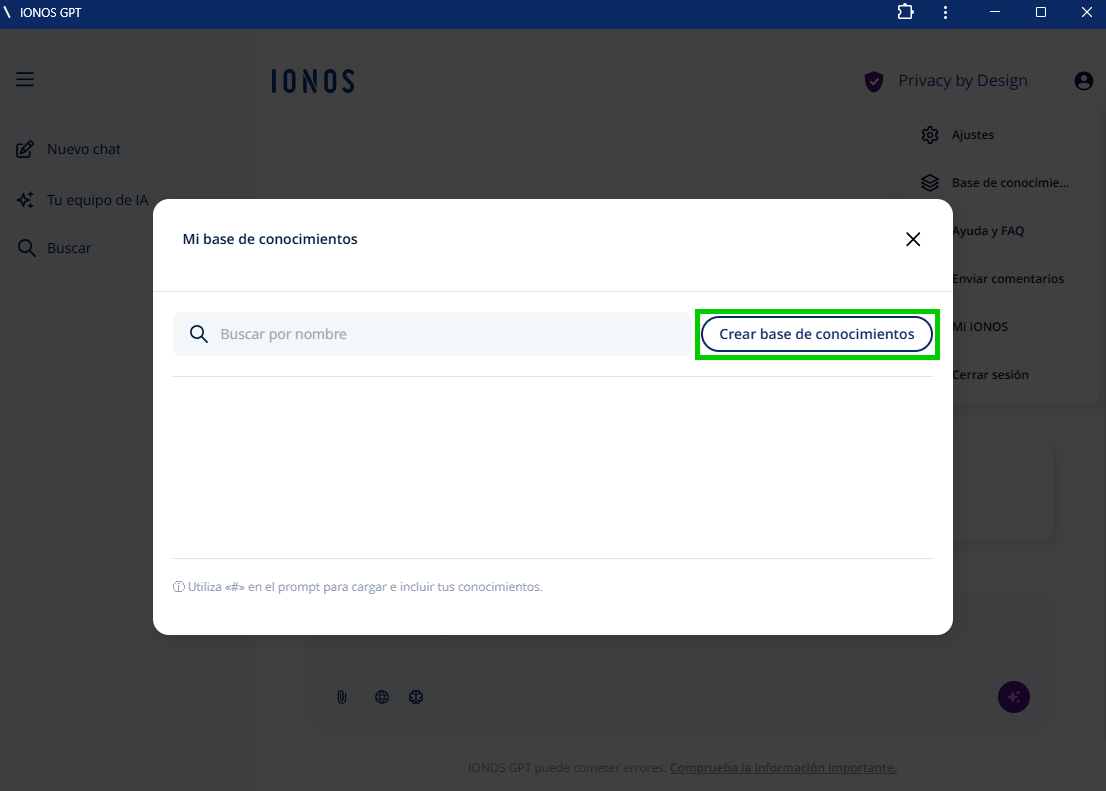 Captura de pantalla:interfaz de uso de IONOS GPT. Se ha abierto el área de administración de las bases de conocimientos. En ella, aparece resaltado elbotón para crear una base de conocimientos.