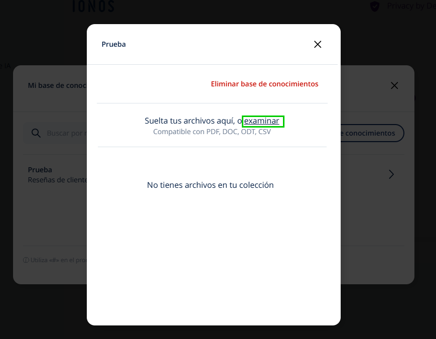 Captura de pantalla: interfaz de uso de IONOS GPT. La ventana con los detalles de una base de conocimientos está abierta y el enlace para examinar aparece resaltado.