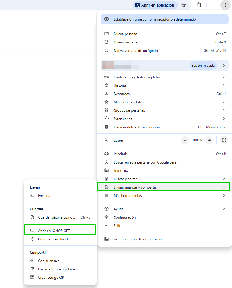 Captura de pantalla: menú de Google Chrome. La opción del menú «Enviar, guardar y compartir» aparece resaltada junto con la opción del menú contextual para instalar IONOS GPT