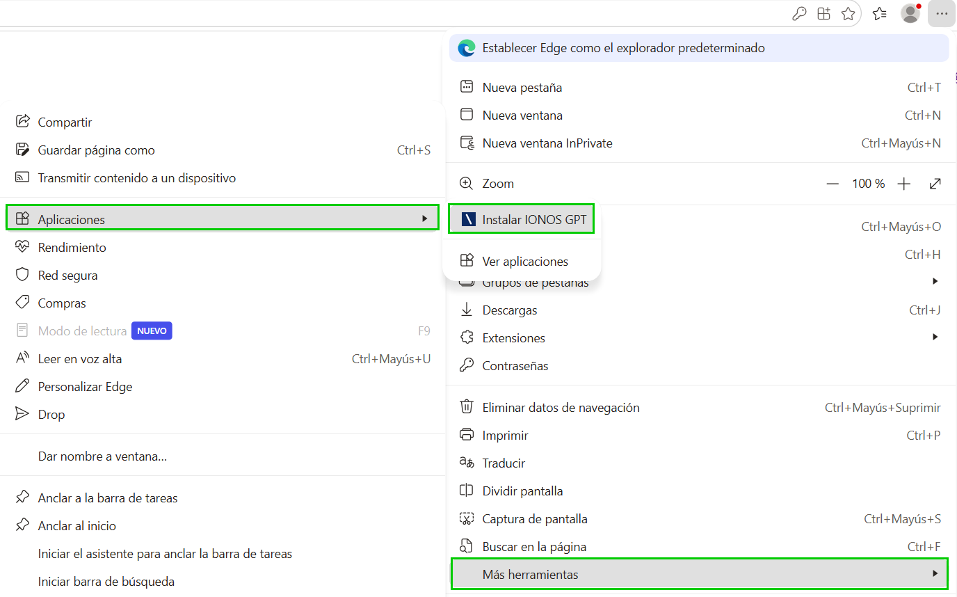 Captura de pantalla: menú de Microsoft Edge. La opción de Aplicaciones del menú aparece resaltada junto con la opción del menú contextual para instalar la aplicación de IONOS GPT