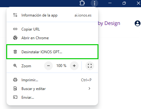 Captura de pantalla: menú abierto de la aplicación web progresiva de IONOS GPT. La opción para desinstalar aparece resaltada.