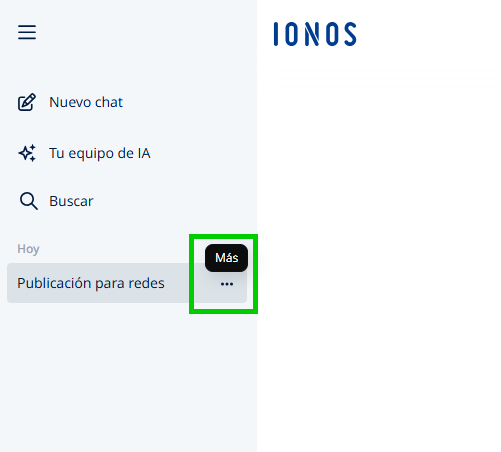 Captura de pantalla: detalle de la barra de navegación de IONOS GPT. Junto al título de un chat, aparece resaltado el icono del menú del chat, formado por tres puntos.