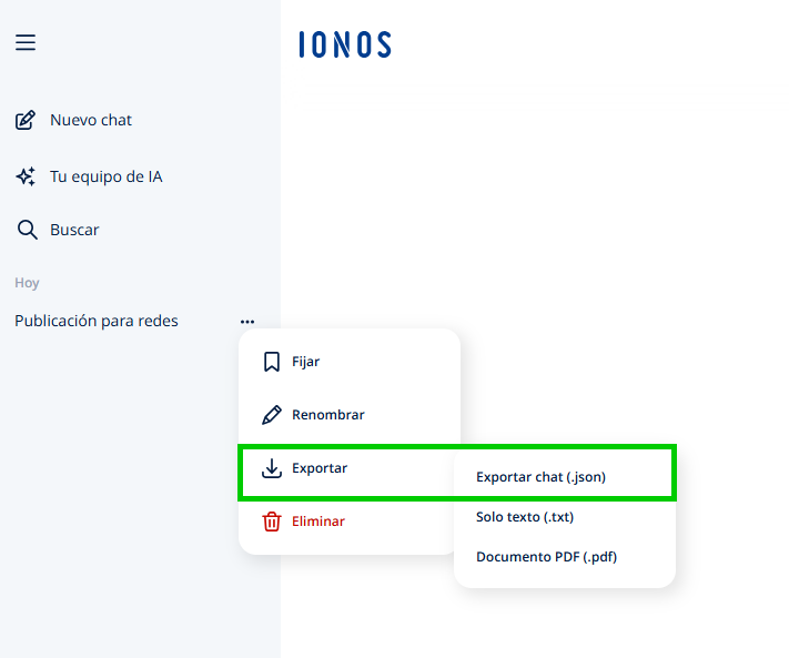  Captura de pantalla: detalle de la barra de navegación de IONOS GPT. A la derecha, junto al chat, aparece abierto el menú contextual del chat. En el menú,pción para exportar del menú del chat aparece resaltada. Junto a esta opción hay otro submenú abierto en el que se pueden seleccionar distintos formatos de exportación. 