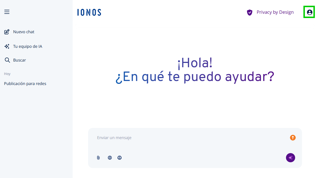 Captura de pantalla: detalle de la interfaz de IONOS GPT. El icono del perfil aparece resaltado.
