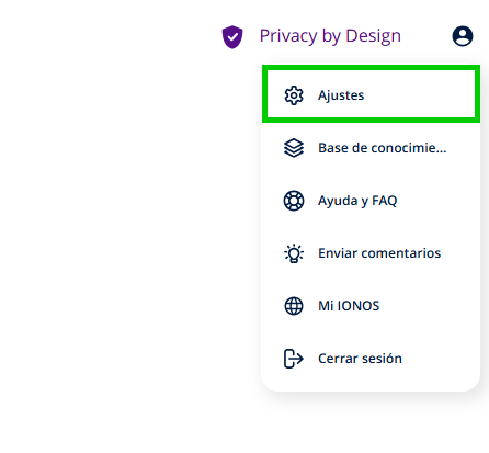 Captura de pantalla: menú de perfil abierto en IONOS GPT. Laopción de ajustes en el menú de perfil aparece resaltada.
