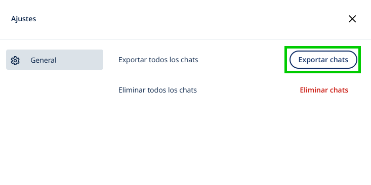 Captura de pantalla: la ventana de configuración de IONOS GPT está abierta. El botón para exportar chats aparece resaltado.
