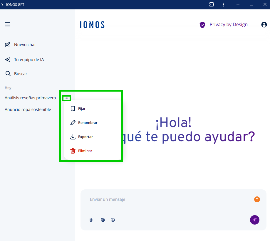 Captura de pantalla: menú de acciones desplegado en IONOS GPT con los botones para fijar, renombrar, exportar y eliminar.