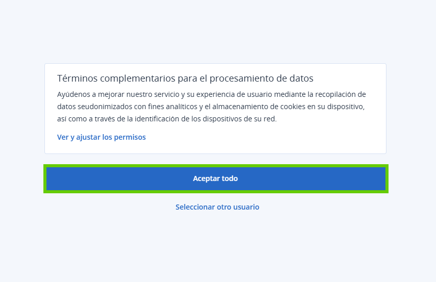 Captura de pantalla: se muestra la página de Términos complementarios para el procesamiento de datos. En esta página se resalta el botón para aceptar todo