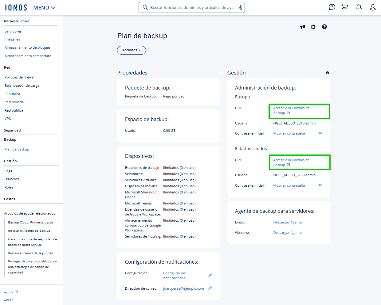 Captura de pantalla: en el Cloud Panel se muestra la sección Backup Cloud > Plan de backup. En este apartado, en la sección de Gestión, aparecen resaltados los enlaces de acceso a la Consola de Backup.