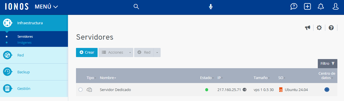 Captura de pantalla: en Cloud Panel se muestra la sección Infraestructura > Servidores.