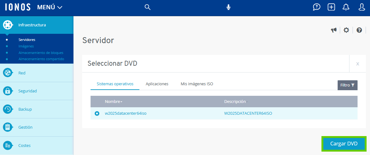 Captura de pantalla: en la vista de Cloud Panel para seleccionar un DVD, se muestra resaltado el botón para cargar el DVD elegido