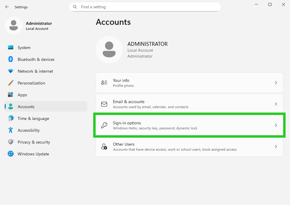 Captura de pantalla: opciones de inicio de sesión en las cuentas de Windows Server 2025
