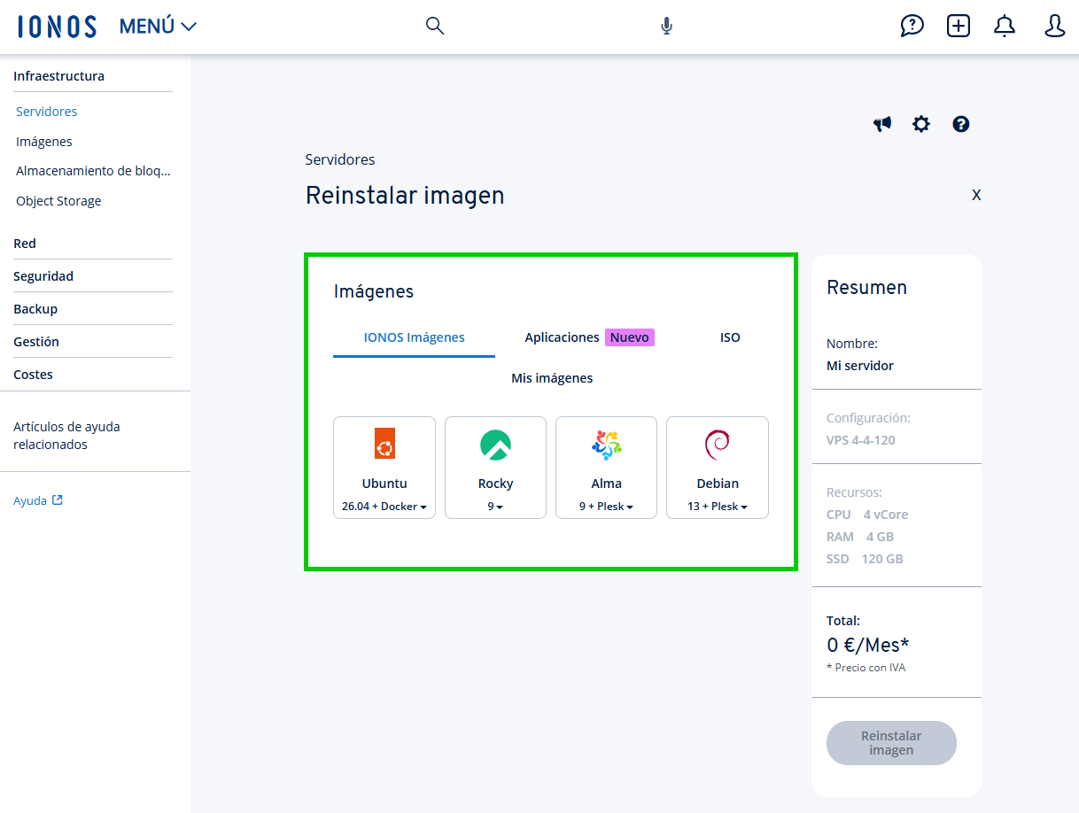 Captura de pantalla: la sección Infraestructura > Servidores > Reinstalar imagen se muestra en el Cloud Panel. En esta sección, las imágenes de la pestaña de Imágenes IONOS están resaltadas.