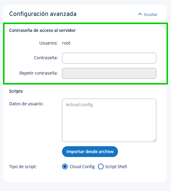 Captura de pantalla: en la sección Configuración avanzada, las personas usuarias pueden definir la contraseña y añadir scripts para la configuración del servidor. En esta sección, el área Contraseña para el acceso al servidor está resaltada con el usuario y los campos de entrada Contraseña y Repetir contraseña.