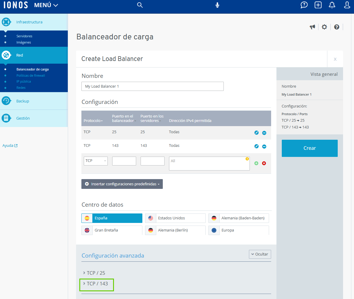 Captura de pantalla: En Cloud Panel se muestra la página de balanceadores de carga. En esta página, se destaca el símbolo mayor que bajo el apartado «Configuración avanzada».