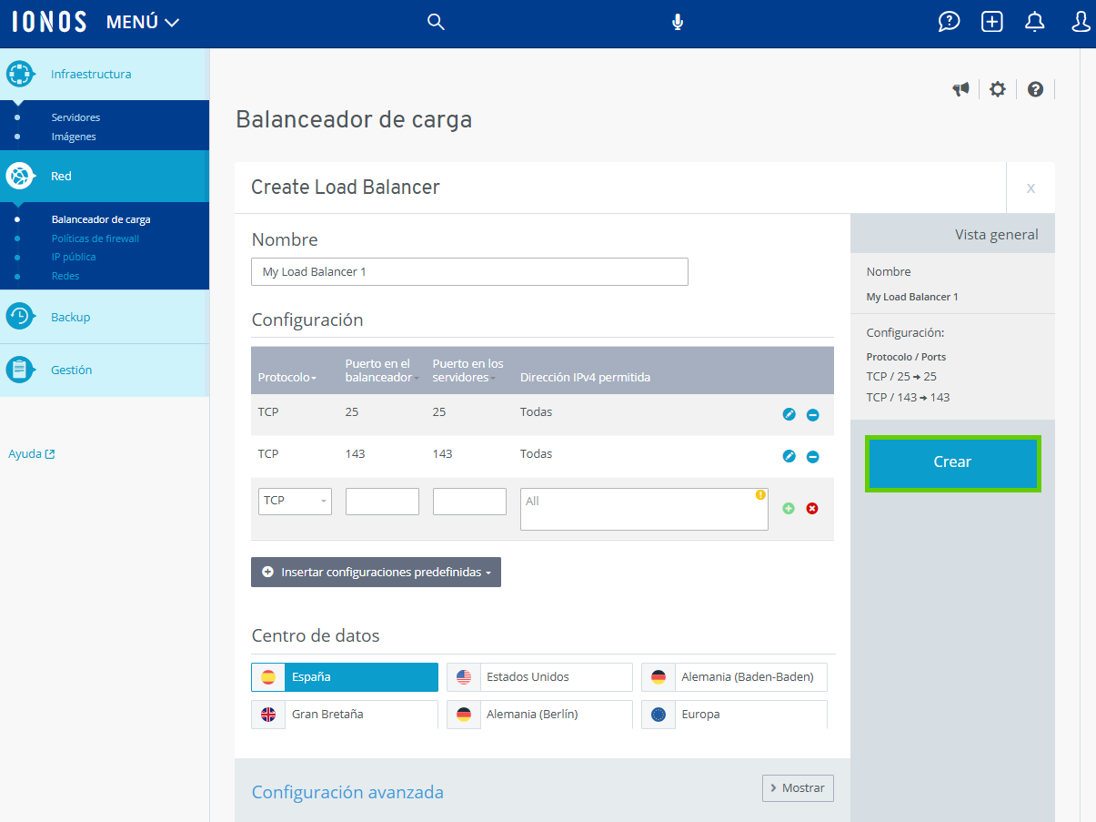 Captura de pantalla: en Cloud Panel se muestra la página de balanceadores de carga. En esta página, se destaca el botón «Crear» bajo el apartado de «Vista general».