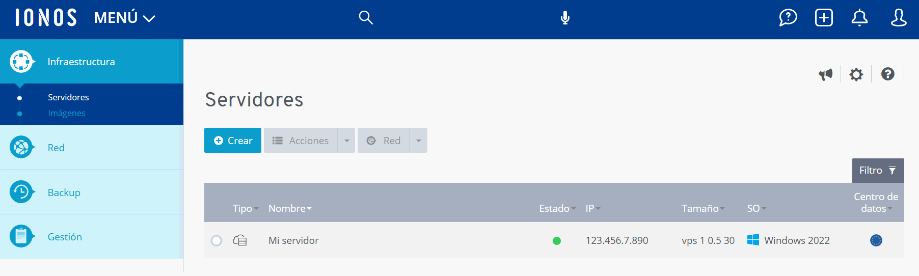 Captura de pantalla: página de servidores que se muestra en Cloud Panel