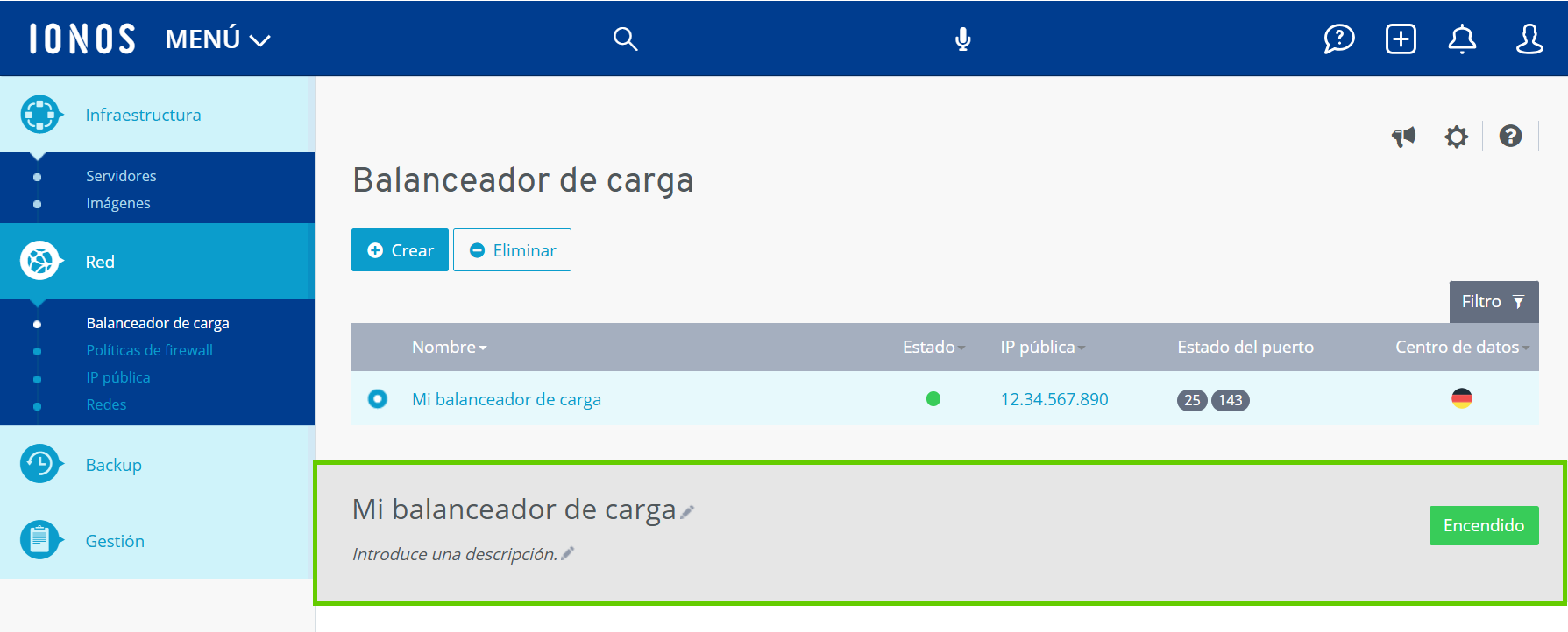 Captura de pantalla: página de balanceadores de carga en Cloud Panel. En esta página, se destaca la sección con la descripción del balanceador de carga seleccionado.