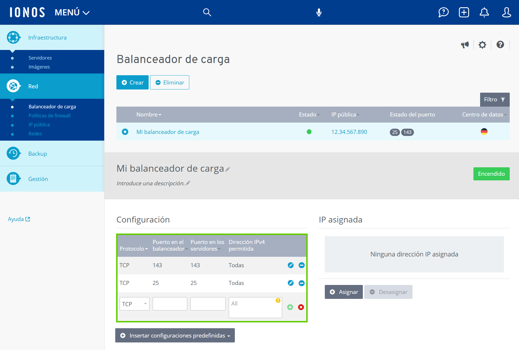 Captura de pantalla: la página balanceadores de carga se muestra en el Cloud Panel. Aquí se destaca el apartado con la configuración del balanceador de carga seleccionado.