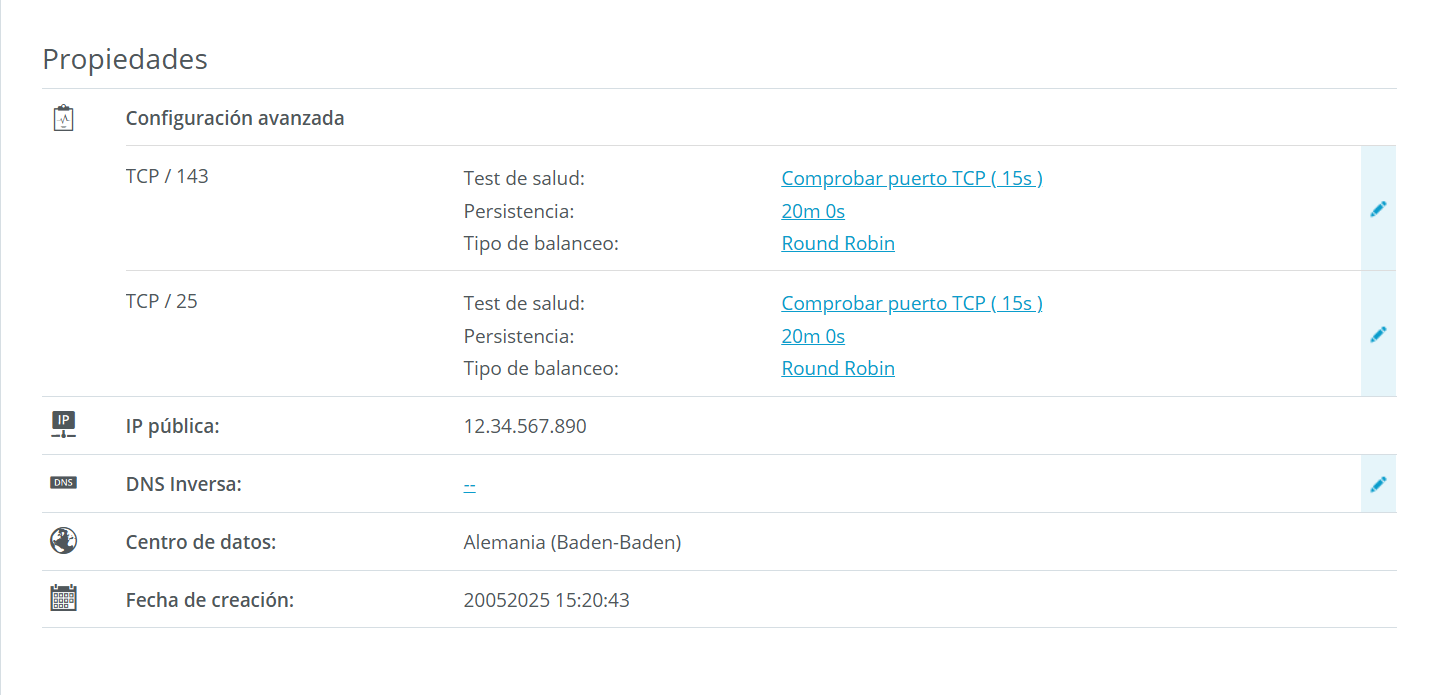 Captura de pantalla: la página balanceadores de carga se muestra en el Cloud Panel. Aquí se destaca el apartado con las propiedades del balanceador de carga seleccionado.