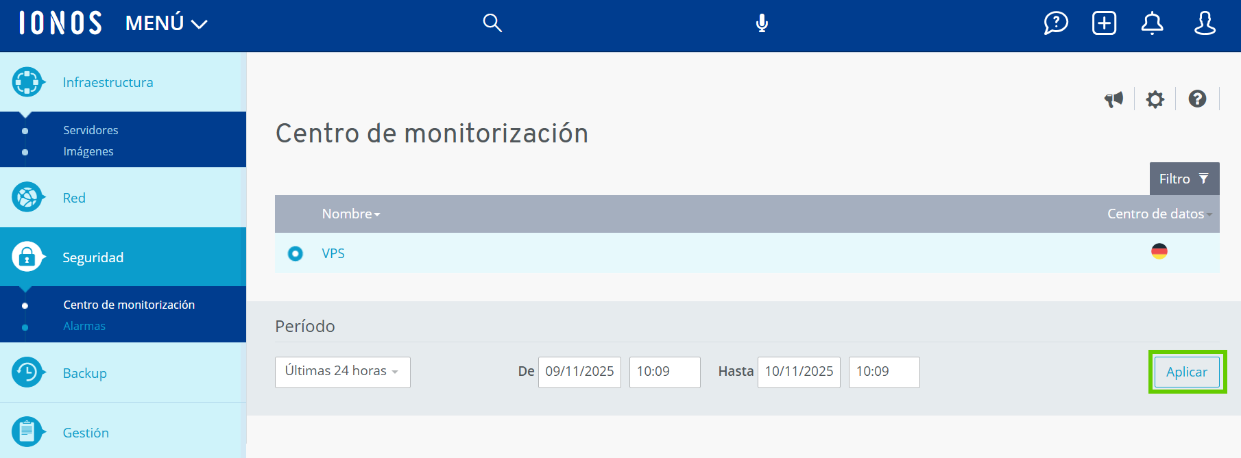 Captura de pantalla: se muestra el centro de monitorización en Cloud Panel. En esta página, se resalta el botón para aplicar un período