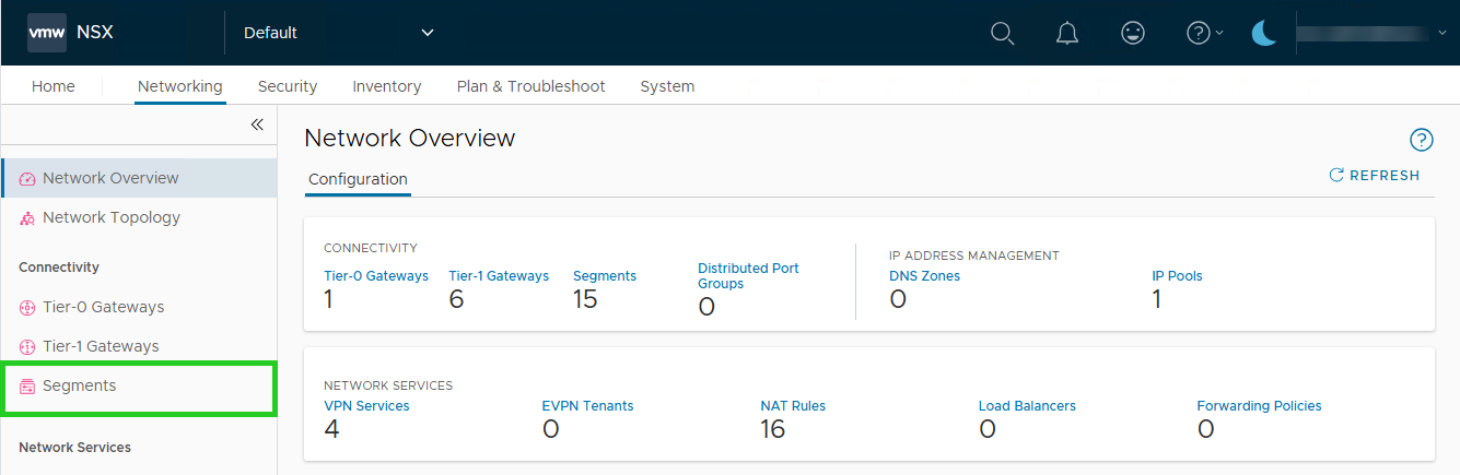 Captura de pantalla: en «NSX Manager», se muestra la pestaña de «Networking». En esta sección, se resalta el apartado «Segments» en la barra de navegación izquierda.