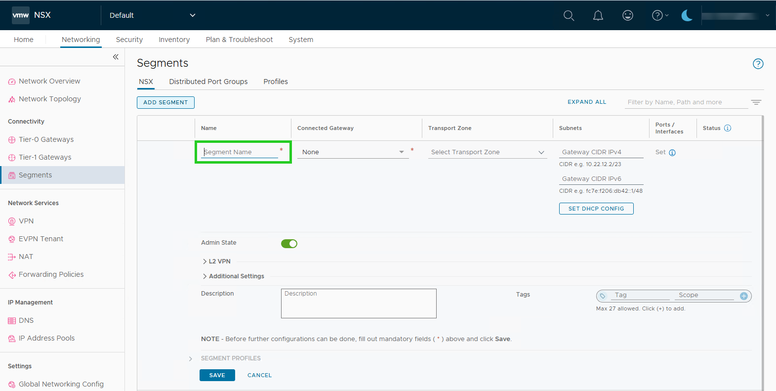 Captura de pantalla: en «NSX Manager», se muestra la sección «Networking > Segments». En esta sección, se resalta el campo «Segment name» en la pestaña NSX.