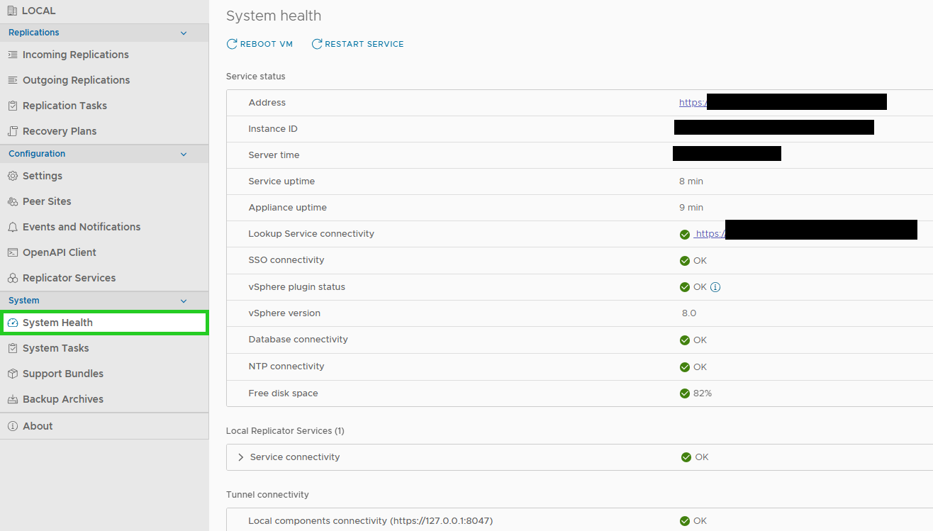 Captura de pantalla: se muestra la página System Health con la información de estado actual