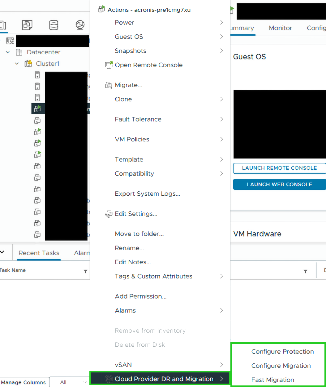Captura de pantalla: se muestra el menú contextual de una máquina virtual. En este, se resaltan otras opciones para la configuración de la protección y las migraciones