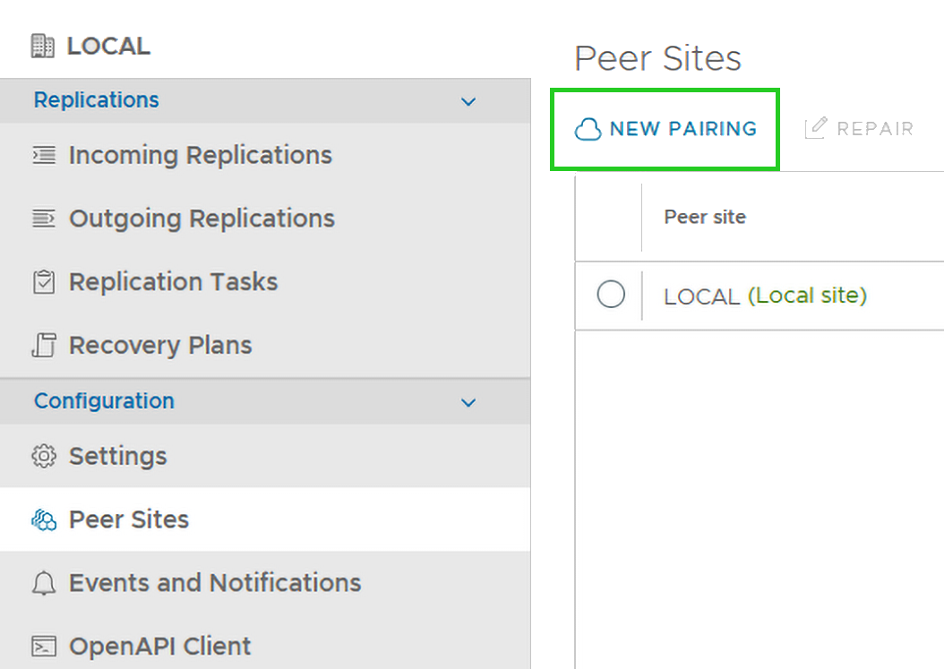 Captura de pantalla: se muestra el menú de gestión Peer Sites. En este menú, el botón «New Pairing» para configurar un nuevo emparejamiento en VMware Cloud Director Availability está resaltado.