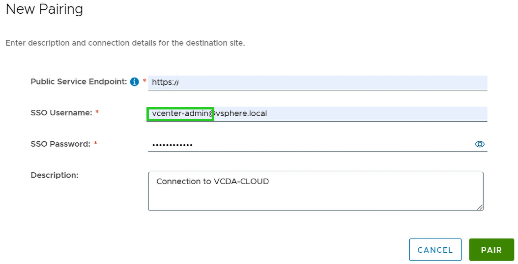 Captura de pantalla: se muestra el formulario de nuevo emparejamiento. En este formulario public Service Endpoint, nombre de usuario SSO, SSO Username, SSO Password y un campo de descripción