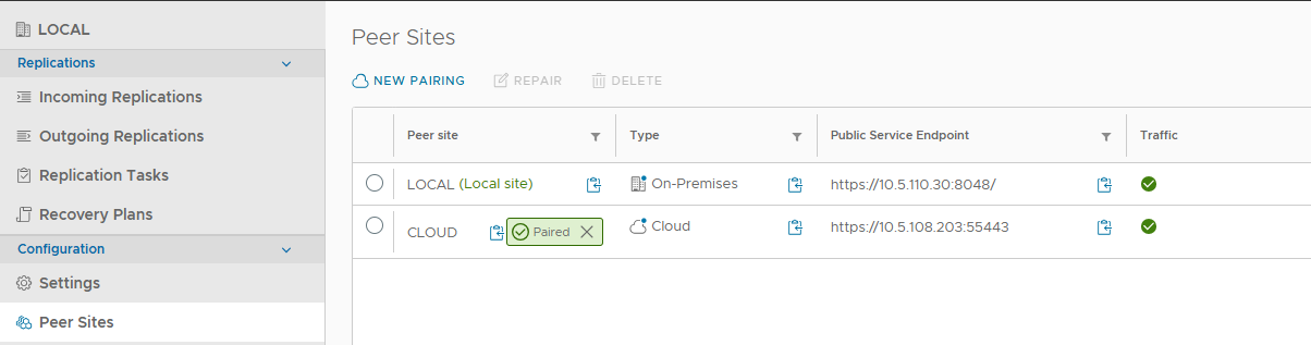 Captura de pantalla: se muestra la página Peer Sites con información detallada sobre el emparejamiento entre una ubicación local y un sitio Cloud