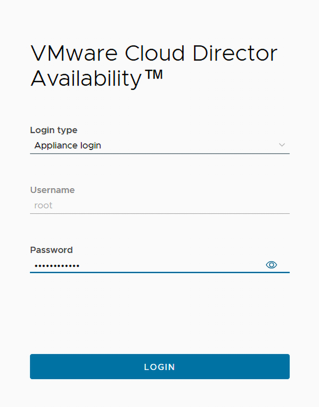 Captura de pantalla: se muestra la página de inicio de sesión de VMware Cloud Director Availability con los campos para el tipo de inicio de sesión, el nombre de usuario y la contraseña