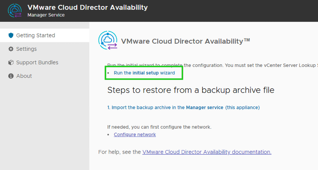 Captura de pantalla: se muestra la pantalla de inicio de VMware Cloud Director Availability Manager. En la sección Getting Started, el enlace Run the initial setup wizard está resaltado