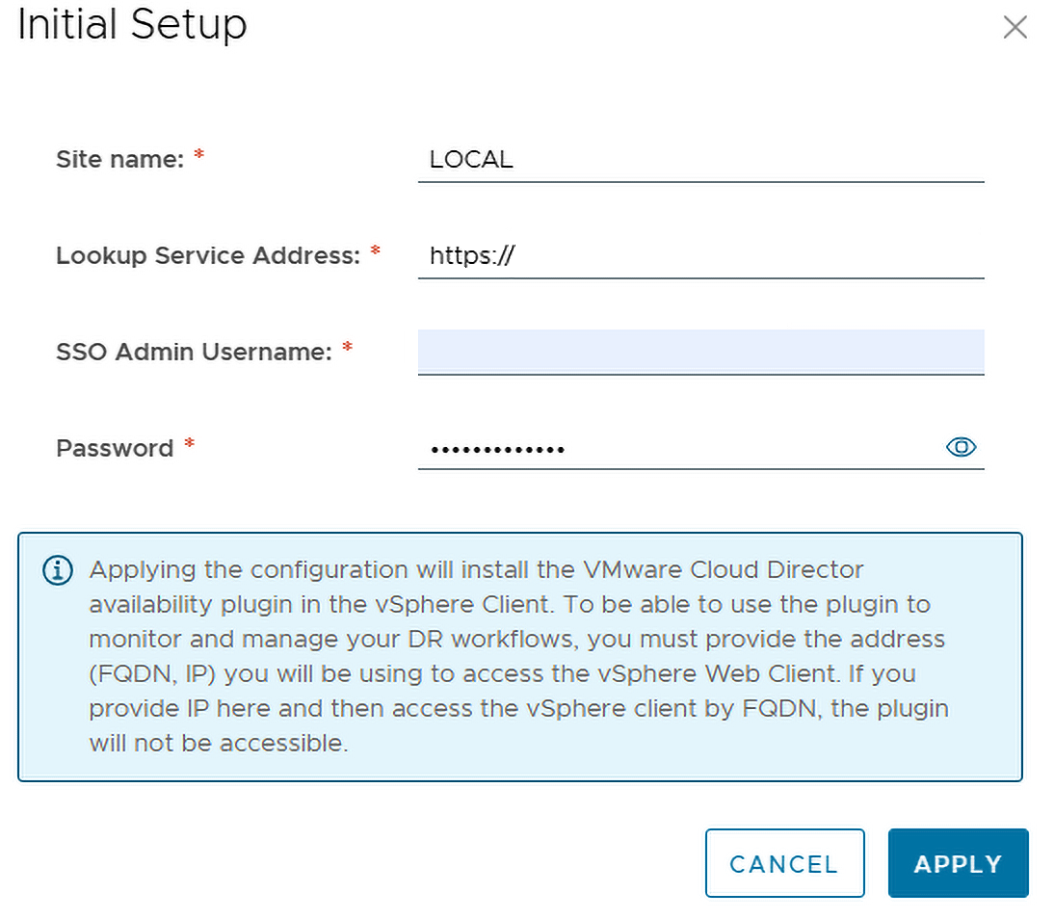 Captura de pantalla: se muestra la página de inicio de sesión de VMware Cloud Director Availability con los campos para el tipo de inicio de sesión, el nombre de usuario y la contraseña