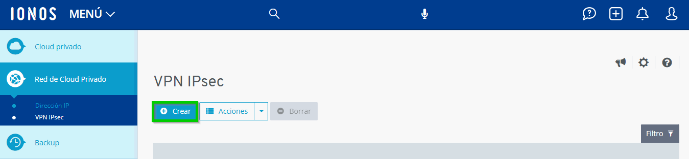 Captura de pantalla: la sección red de Cloud Privado > IPsec VPN se muestra en Cloud Panel. En esta sección, el botón para crear está resaltado