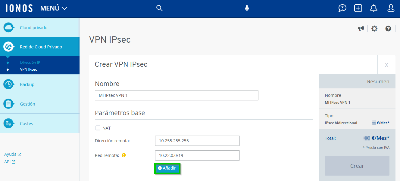 Captura de pantalla: se muestra la sección para crear una VPN IPsec en el Cloud Panel. En esta sección se resalta el botón para añadir